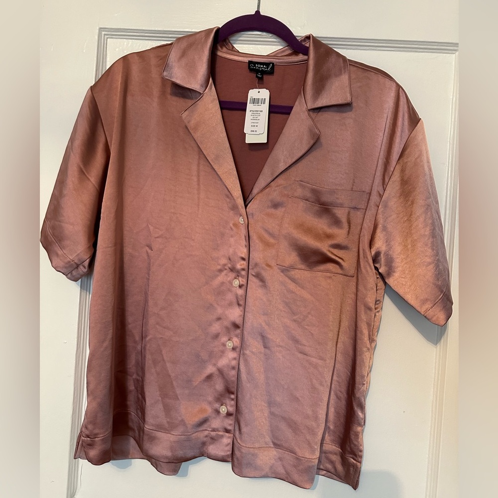 Soma Satin Button-Front Pajama Top in Dusty Rose